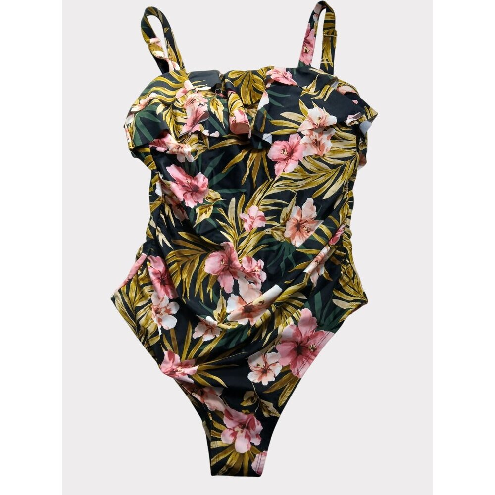 Kona Sol 16W Black Green Pink Floral Ruffle Front One Piece Swimsuit 16W Plus - Picture 4 of 13